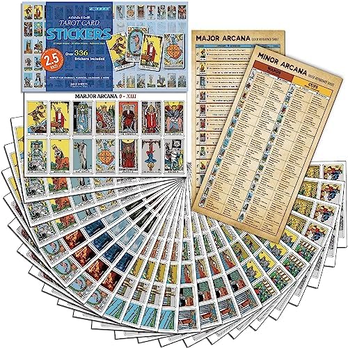Joyppy 336 Pcs Tarot Stickers - 2.5" x 1.4" (6.3 cm x 3.6 cm) - 4 Sets RWS Full Deck Tarot Card Stickers for Tarot Journal & Planner - Tarot Cheat Sheets Included for Quick Learning & Spreads…
