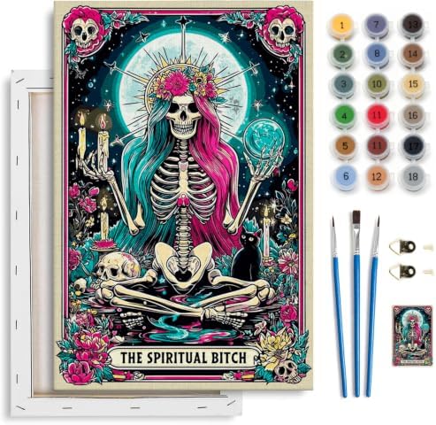 Spandrel Paint by Number Kits for Adults Witch Tarot, The Spiritual Bitch Skeleton Paint by Number Kits on Canvas, DIY Acrylic Oil Gothic Painting by Numbers Gitfs for Home Wall Decor, 8x12in