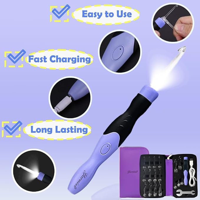 Yarniss 17 Size Lighted Crochet Hooks 2.5mm~14mm,Rechargeable Crochet Hooks