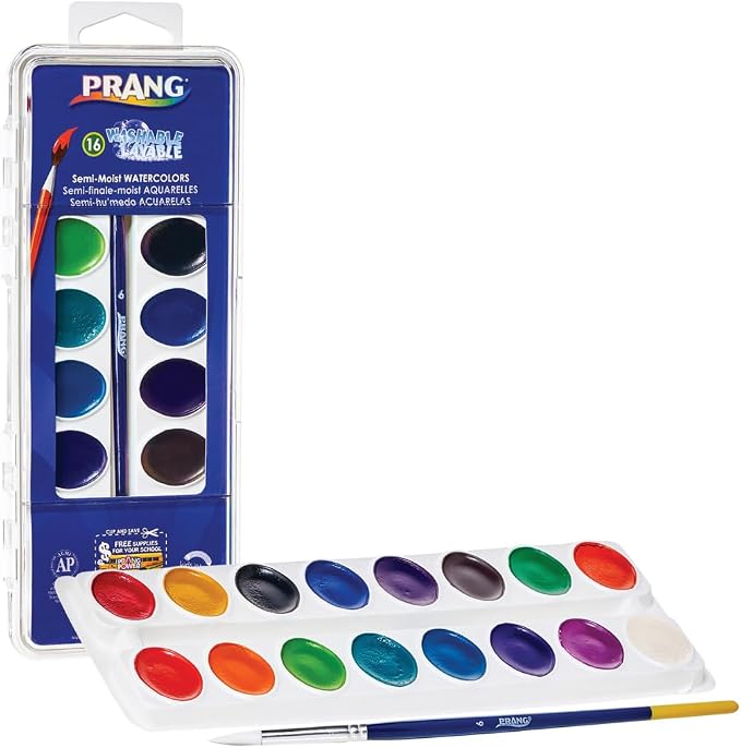 Prang Washable Semi-Moist Watercolors Oval Pan Set with Size 6 Paintbrush, Non-Refillable, 16 Assorted Colors, Pack of 6