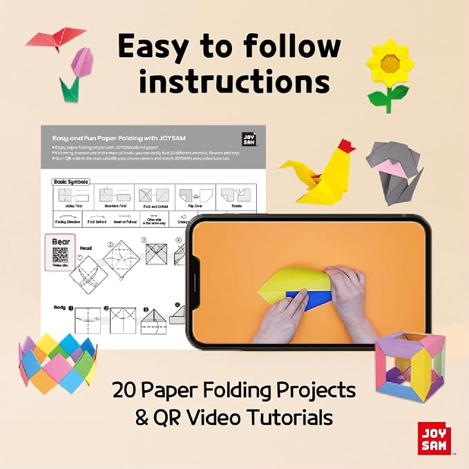 Origami Paper kit for Kids Ages 5-8 8-12, made in Korea, Double sided colored, 500 sheets, 50 Colors, 6x6 Square, DIY art craft projects, easy guide book, QR Video tutorial included