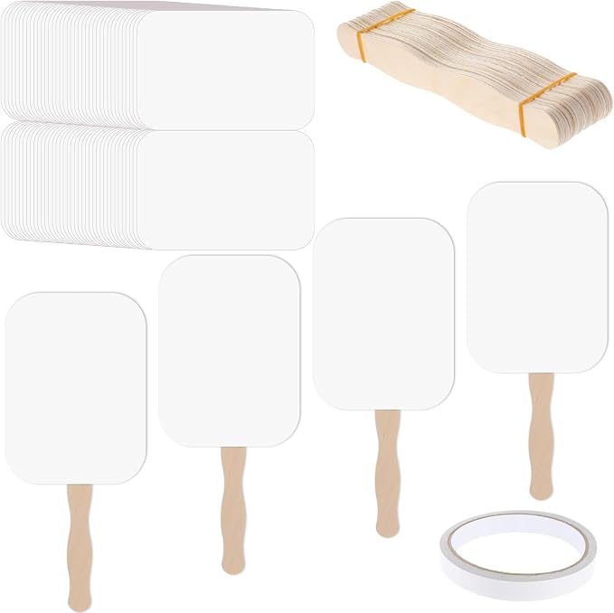 Taobary 25 Pieces DIY Paper Church Fans Handle Wooden Sticks for Wedding | Handheld Blank White Cardstock Craft Fans, Wavy Edge Design, Includes Tape for Events,Celebration,Decoration