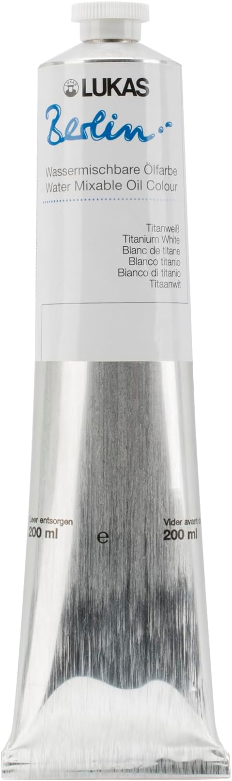 Lukas Berlin Pro Artists Water Mixable Oil Paint 200 ml Tube Titanium White, Water Soluble, Lightfast Pigments, Quick Drying, Easy Clean-Up, Eco-Friendly, Professional Quality, 40 Color Range