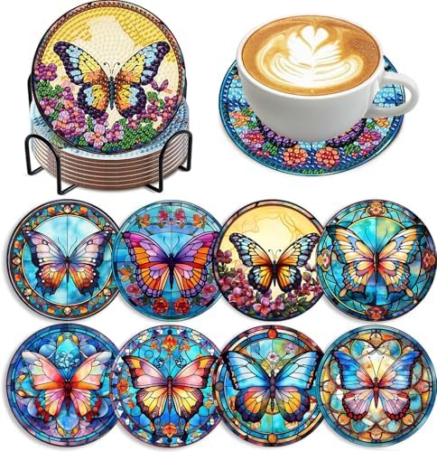 8 Pack Diamond Art Coasters,Butterfly Diamond Painting Coasters Kits