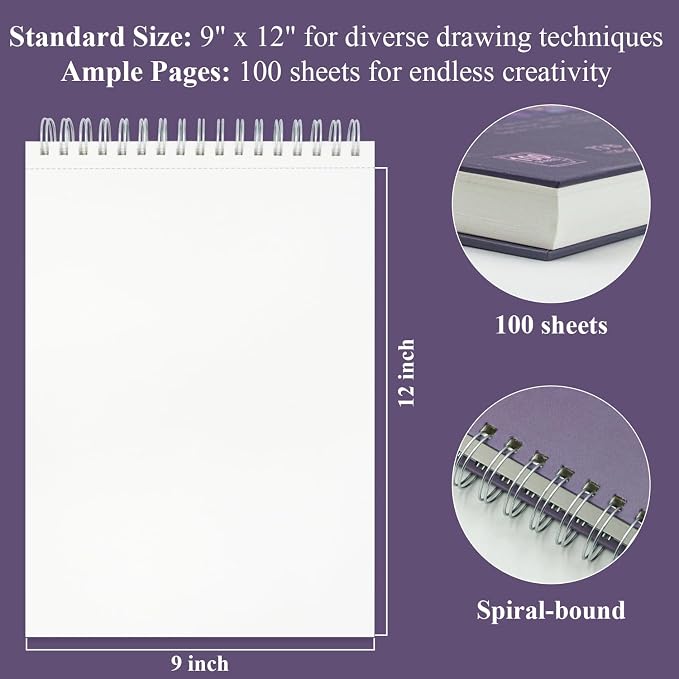 Purple Sketch Book for Women - 9"x12" Girls Sketchbook, 100 Sheets (73lb/120gsm) Drawing Paper for Kids, Art Supplies for Girls Ages 8-12, Beginners, and Adults, Mothers Day Gifts,1-Pack.