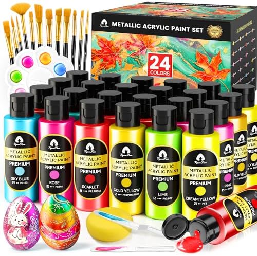 40 Pcs Acrylic Paint Set, 24 Metallic Colors Rich Pigments, 2oz/60ml Bottle