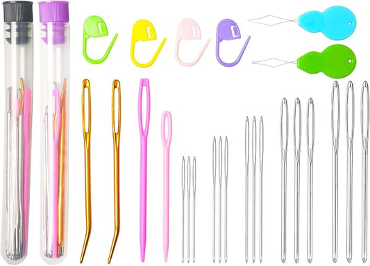 Hekisn 45Pcs Large Eye Blunt Yarn Needles Kit, Assorted Sizes Bent Tapestry Darning Needle, Sewing With Threaders & Stitch Markers for Knitting Crochet (Purple&Black)