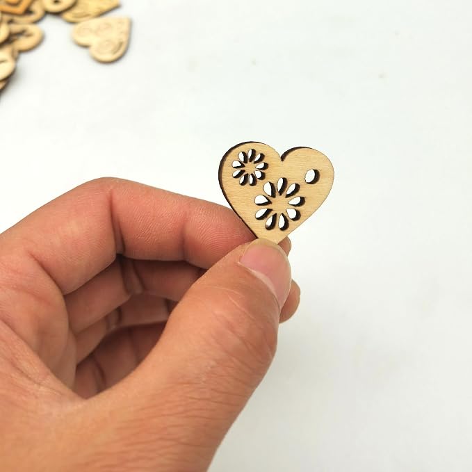 DIYOMR 200Pcs Unfinished Wood Pieces Hollow Wooden Art Decor, Vintage Embellishments Decorative Accessories for Scrapbooking Crafts DIY Home Decor (Heart)