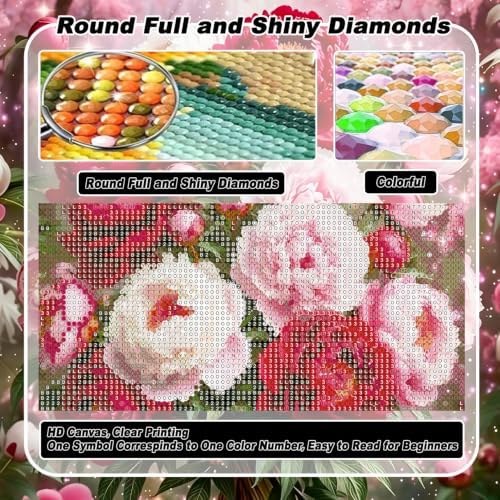 VeGuude Diamond Art Flowers Kits for Adults, Full Drill Peony Flowers Diamond Painting Kits for Beginners, DIY Full Rhinestone 5D Diamond dots (Gemstone Craft), Home Wall Decoration (12x16 inch)