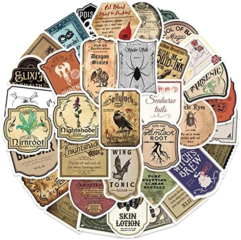 50 Pcs Potion Label Stickers Retro Aesthetic Party for Water Bottle Laptop Skateboard Luggage Guitar Car Motorcycle Bike Vinyl Waterproof Apothecary Sticker Pack Suitable