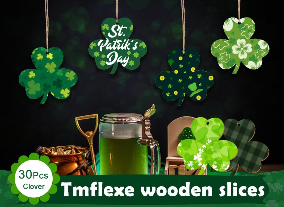 30Pcs St. Patrick's Day Leaves Unfinished Paintable Blank Wooden Festival Decoration Lucky Clover Ornaments to Paint, Hanging Wood Slices for Kids DIY Art Crafts Home Farmhouse Spring Decor