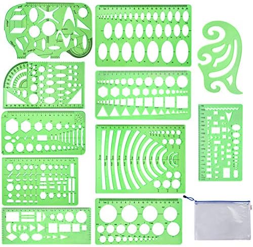 11 Pieces Geometric Drawings Templates Stencils Plastic Measuring Template Rulers Clear Green Shape Template for Drawing Engineering Drafting Building School Office Supplies