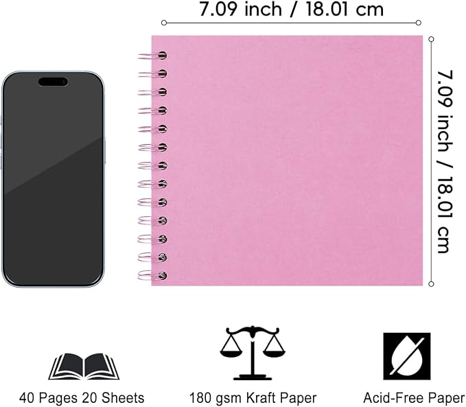 DIY Scrapbook Album 7x7 Inch, Hardcover Kraft Paper Scrap Book Photo Album, Blank Page Memory Scrap Book for DIY Crafts, Traveling, Wedding, Anniversary, Birthday, 40 Pages (20 Sheets), Pink