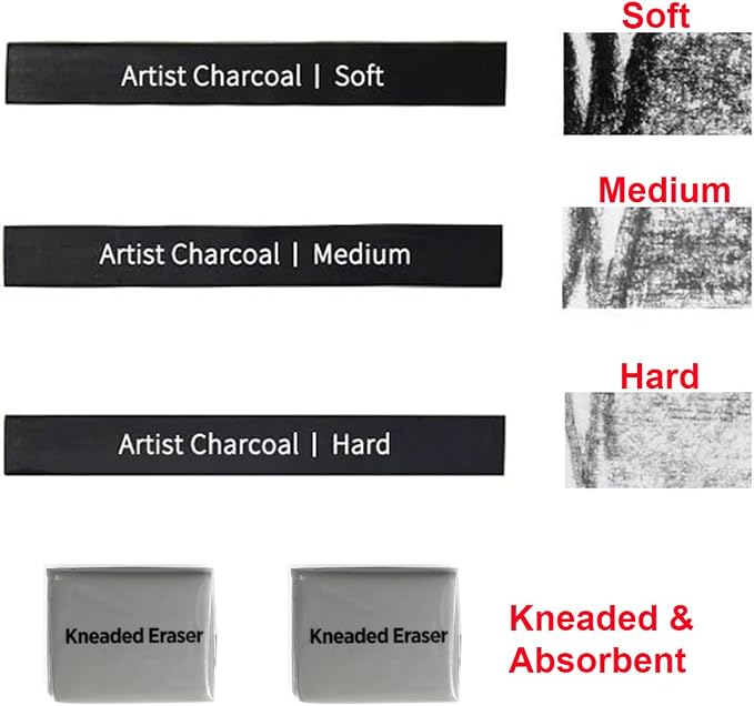 Compressed Charcoal Sticks 6 PCS, Kneaded Rubber Erasers Large Size 2 Pack, Square Vine Charcoal Rod Set of 8 for Back to School DIY Drawing Crafts, Sketching, Shading, Beginners and Artists