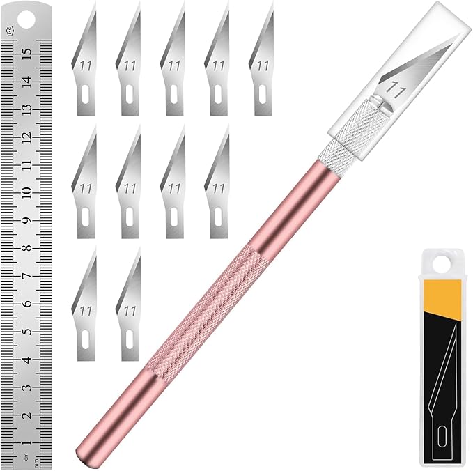 DIYSELF Exacto Knife Set with 10 Extra #11 Blades, 6-Inch Metal Ruler, Pink | Exacto Knife for Crafting, Art, Scrapbooking & Stencil Projects, Hobby Knife Set for Artists & Students