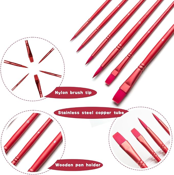 Acrylic Paint Brush Set, 6 pcs Watercolor Brushes, Painting Brush Nylon Hair Brushes for All Purpose Oil Watercolor Painting Beginner Kits (6, Red)