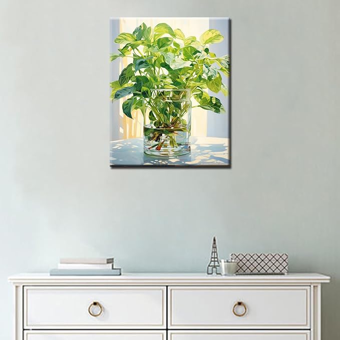 Tucocoo Green Plants in Glass Vase Oil Painting Paint by Number Kits 16 x 20 inch Canvas Plants DIY Oil Painting for Kids Students Adults Beginner with Brushes and Acrylic Pigment (Without Frame)