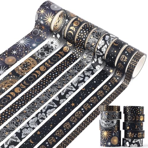 9 Rolls Mystic Gold Washi Tape Set,Gold Foil Vintage Black Pattern Decorative Tape,Butterfly Star Moon Decorative Masking Tapes for DIY Scrapbook Design Journaling Handbook Making Card Wrap Craft Gift
