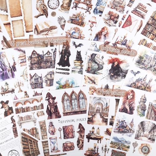 Pre-Cut Magic Sticker Book for Junk Journal, 20 Sheets Wizard Sticker Vintage Ephemera PET Washi Paper Materials for Scrapbooking, Journaling, Collage