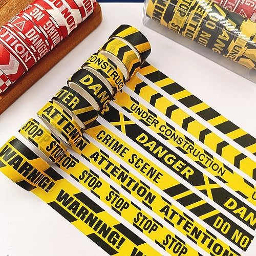 Caution Line Washi Tape Set 16 Rolls Yellow Red Boundary Masking Transportation Toy Decorative Tapes for Arts, DIY Crafts, Journals, Planners, Scrapbook, Wrapping