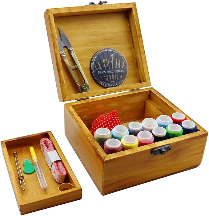 Flytreal Sewing Kit Small Box Basket, Wooden Hand Home Sewing Repair Tool Kit, Beginner Universal Sew Kit Accessories for Women, Men, Adults, Girls, Kids