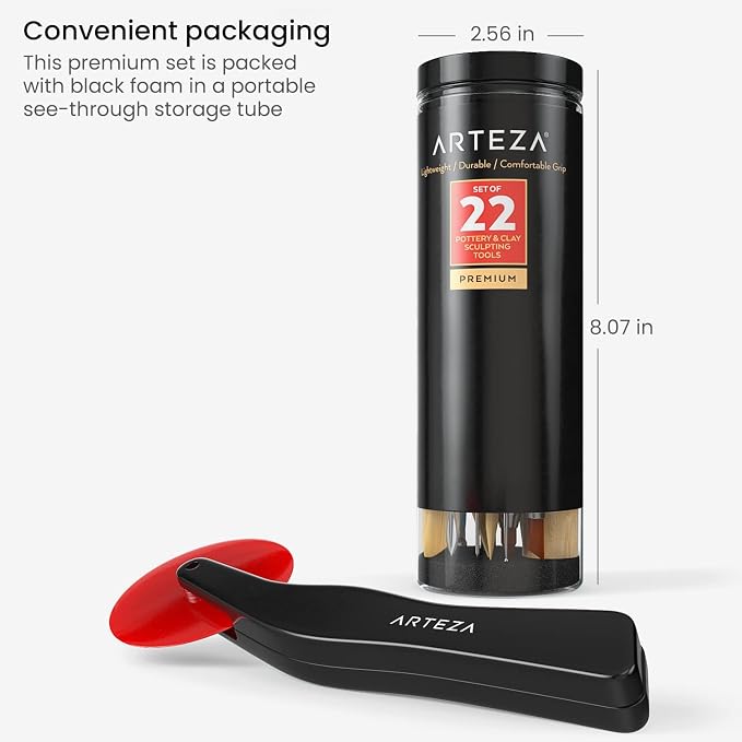 ARTEZA Pottery and Sculpting Tools, 22-Piece Set for Modeling and Carving | Steel and Silicone Ends, Wooden Handles, Wheel Cutter, Rolling Pin, Stylus and Ribbon Tools, For Wet Clay and Ceramics