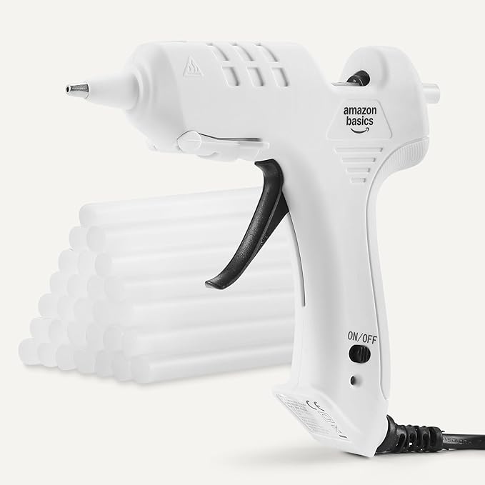Amazon Basics Hot Glue Gun Kit with 30 Glue Sticks, High Temp for School Crafts, DIY Arts and Quick Home Repairs, Drip-Free Nozzle, Fast Drying, 20W, White