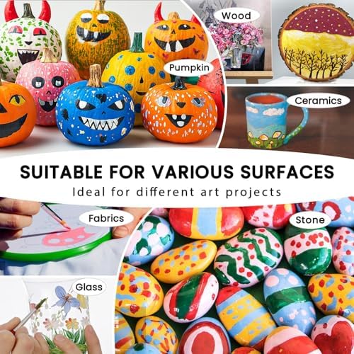 40 Pcs Acrylic Paint Set - 24 Colors (2oz/60ml) with 12 Brushes, 2 Knives & Palette - Rich Pigments for Adult, Artists & Beginners - Painting on Halloween Pumpkin Canvas Ceramic Rock Wood