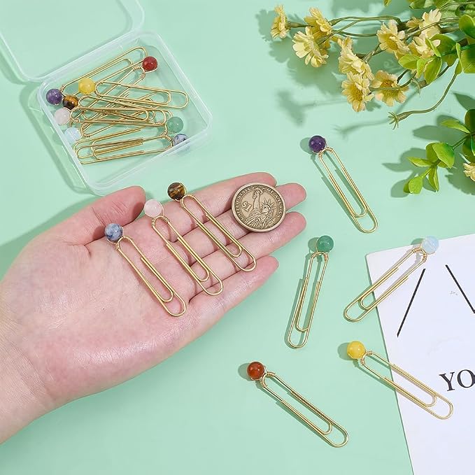 PH PandaHall 16pcs 8 Styles Paper Clips Bookmark Clamp for Back to School, 2" Large Size Paperclip with Natural Stone Planner Clip Metal Book Tag for Teacher Students Stationery Notebook Accessories