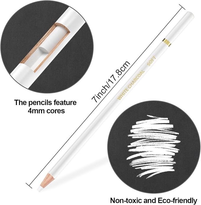 Aeni White Chalk Pencil, Pack of 12, Charcoal Pencils for Drawing | Art Supplies for Highlighting, Portraits, Landscapes, Sketching, Blending, Artist Supplies for Beginners & Pro Artists