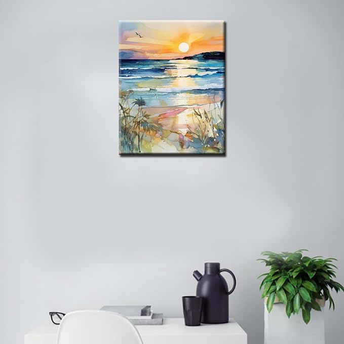 Sunset Beach Sea Landscape Paint by Numbers Kits 16x20 inch Canvas DIY Oil Painting for Kids, Students, Adults Beginner with Brushes Acrylic Pigment Graffiti Abstract Beach Photo Gift(DIY Frame)