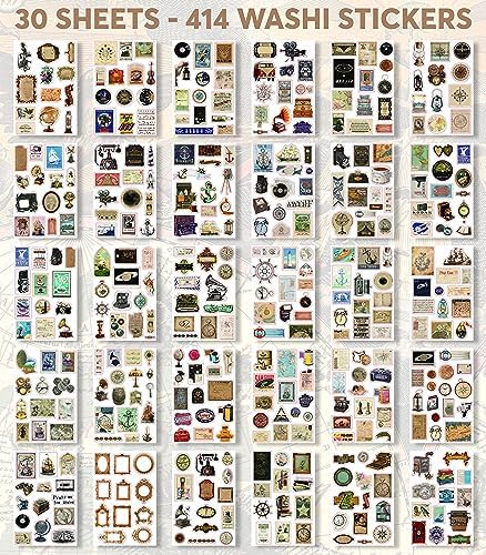 Junk Journal Supplies with 410+ Washi Stickers & Vintage Scrapbook Stickers | FAYWARE Ephemera for Junk Journals, 410+ Stickers for Scrapbooking, 20 Scrapbook Papers