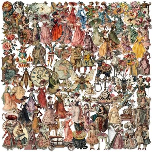 100PCS Vintage Victorian Stickers Pack – Aesthetic Retro Clear Ephemera Stickers for Journaling, Scrapbooking, Collage Art, Antique Fashion, Tea Party, Junk Journal Supplies