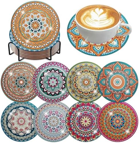 ijbnhd 8 Pack Mandala Diamond Art Coasters Kits 4x4 inch (Cork Wooden Pad)
