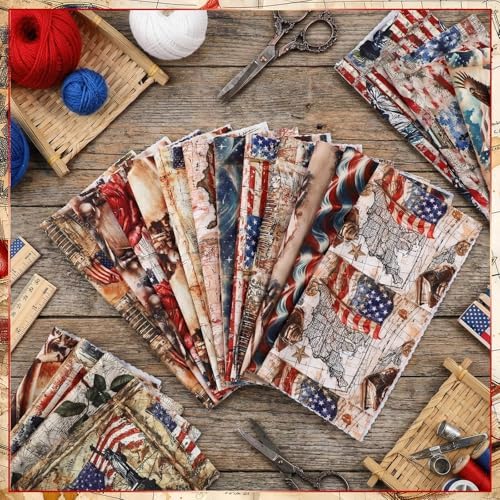 HunnmingRe 20 Pcs 10''x10'' Vintage Patriotic Quilting Fabric Square 4th of July Precut Quilted Fabric Bundle American Flag USA Patchwork Supplies for 250th Veteran Handmade DIY Craft Sewing Material