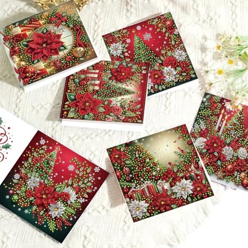 6Pcs Christmas Greeting Card DIY Diamond Art Painting Greeting Cards Blessing Folding Card Kit with White Envelopes Diamond Arts Crafts for Birthday Festival Gift-Poinsettia