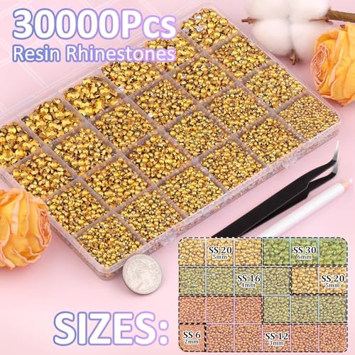 30000Pcs Mine Gold Rhinestones for Bedazzling with B7000 Jewelry Glue, Bedazzler Kit Bulk Flatback Gems, Resin Rhinestones for Crafting Crafts Clothing Shoes Fabric Nail Art Assorted Size 2/3/4/5/6mm