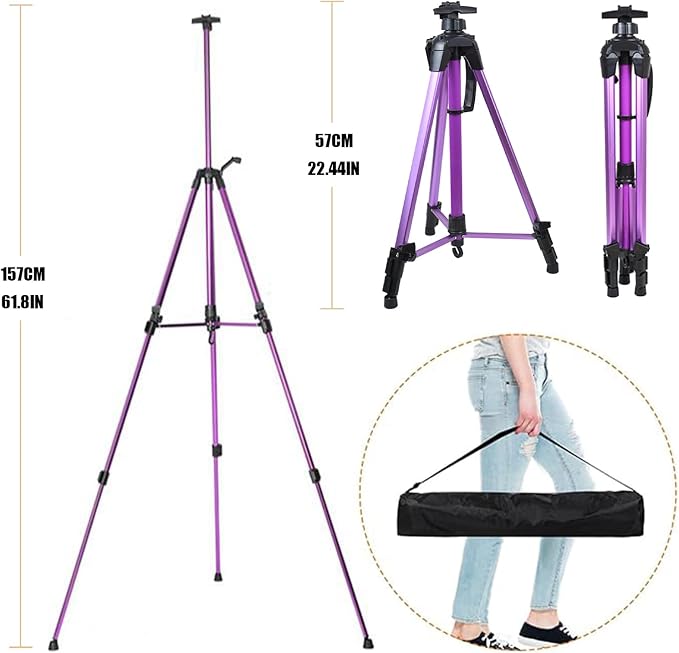Easel for Painting, Portable & Foldable Easels Stand, Height-Adjustable 22'' to 62'', Equipped with Tray, Water Bucket Hook, Spirit Level, Compass & Carrying Bag for Art Display,Travel - Purple