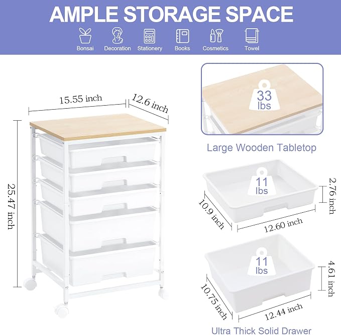 SYKIARIOL Rolling Cart with Drawers, 5 Drawers Utility Cart, Bright White | 5-Tiers Storage Cart with Drawers with Wooden Top for Craft Organizers and Storage,Home Office,Classroom,Dorm