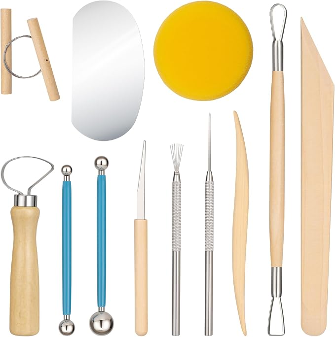 Amrules 12 Pcs Polymer Clay Sculpting Tools Kit for Adults, Light Yellow | Smooth Comfortable Handles, Sturdy Wood & Stainless Steel, Perfect for Beginners, Pottery Lovers & Diy Craft