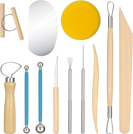 Amrules 12 Pcs Polymer Clay Sculpting Tools Kit for Adults, Light Yellow | Smooth Comfortable Handles, Sturdy Wood & Stainless Steel, Perfect for Beginners, Pottery Lovers & Diy Craft