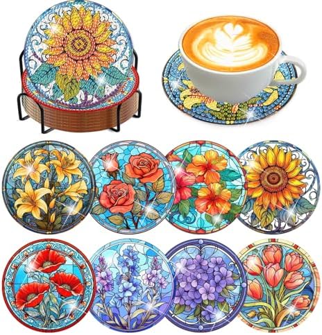Meothan 8 Pcs Flowers Diamond Art Coasters Kit for Adults with Holder 4x4in
