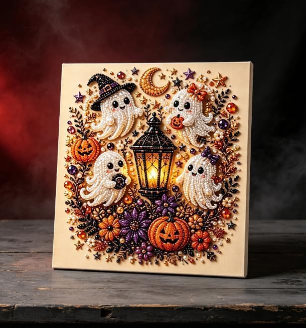 Halloween Ghost Pearl Art DIY Kit, Pearl Painting Kits for Adults, Pearls Diamond Art, Spooky-Cute Design, Fall Home Decor, Wall Art, Adults Craft Kit, 3D DIY Pearl Painting (Pumpkin Cat)