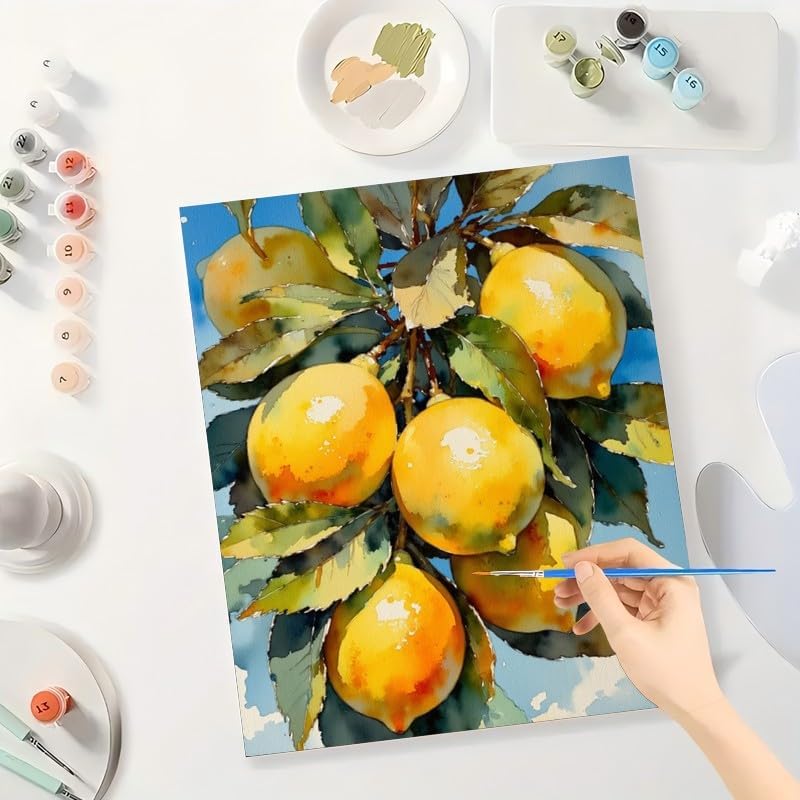 Citrus Paint by Numbers Kit for Adults - DIY Vibrant Yellow Lemons Hanging from a leafy branch Painting on Canvas 12x16In, Framed Acrylic Paint Set for Beginners, Fruit Art for Home Decoration/Gifts
