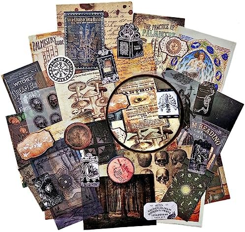 Dark Academia Junk Journal Supplies, Vintage Skull Decoupage Paper for Scrapbook Kit, 45pcs Astrology Ephemera for Junk Journals, Mushroom Plant Materials for Room Decor Wall Collage Kit