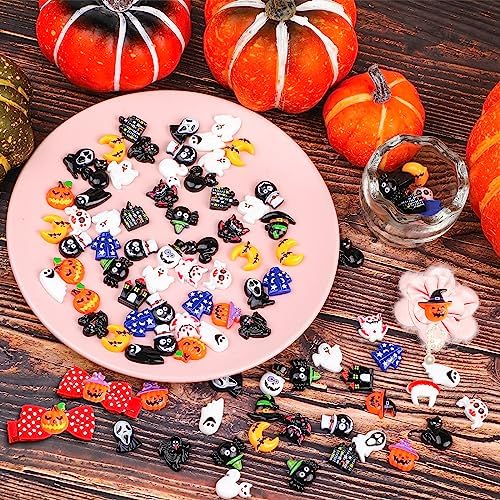 FOIMAS Halloween Resin Flatback Charms,100pcs Pumpkin Ghost Spider Embellishment Resin Miniatures for Halloween Ornament Supply