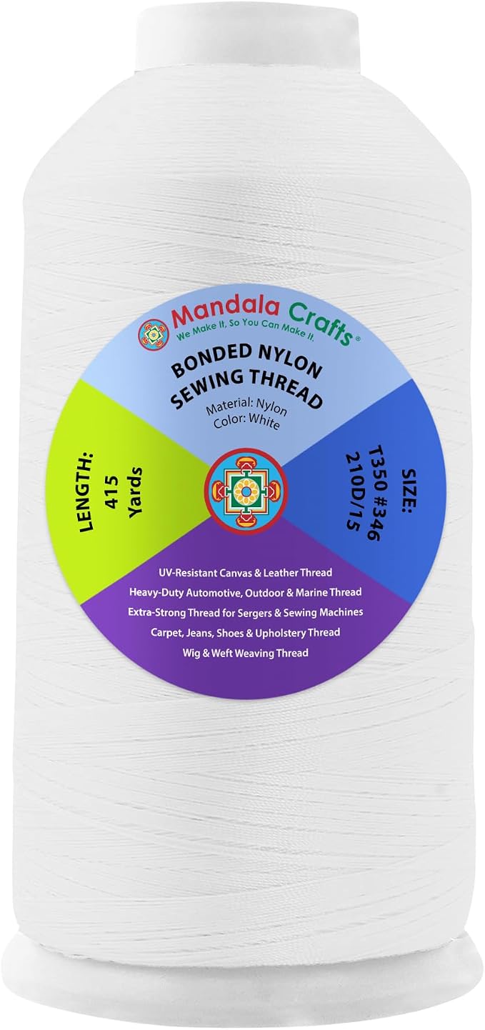 Mandala Crafts Size 346 210D T350 White Bonded Nylon Thread, 415 YDs
