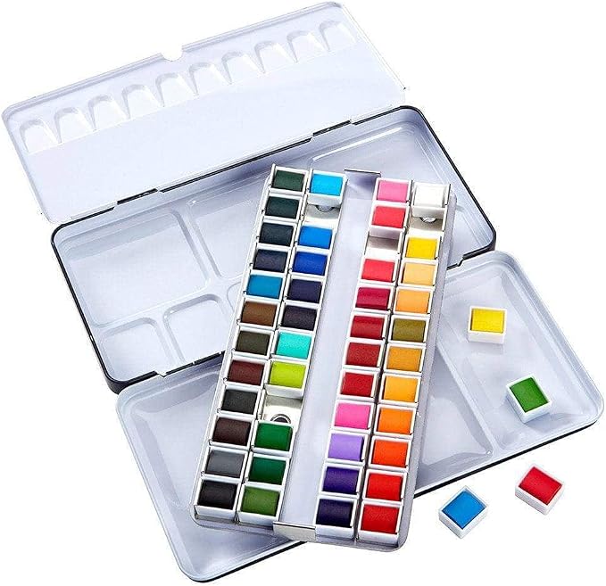 KINGART PRO Artist, Tin Box with Water Brush Watercolor Half-Pans, 48 Vibrant Colors Piece