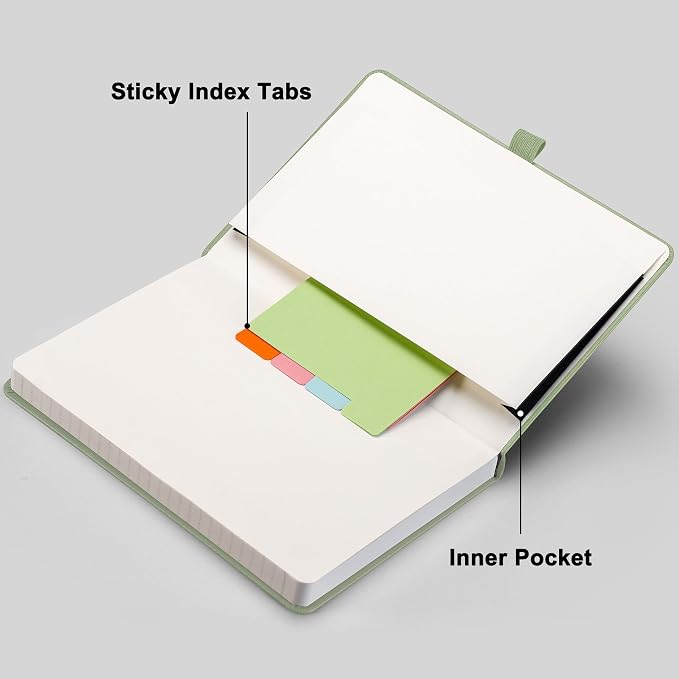 RETTACY Lined Journal Notebook, 192 Numbered Pages, A5 Size (5.7'' x 8.3'') | Leather Hardcover, 100 GSM Thick Paper, for Men & Women, Journaling, Writing, Work & Office (Light Green)