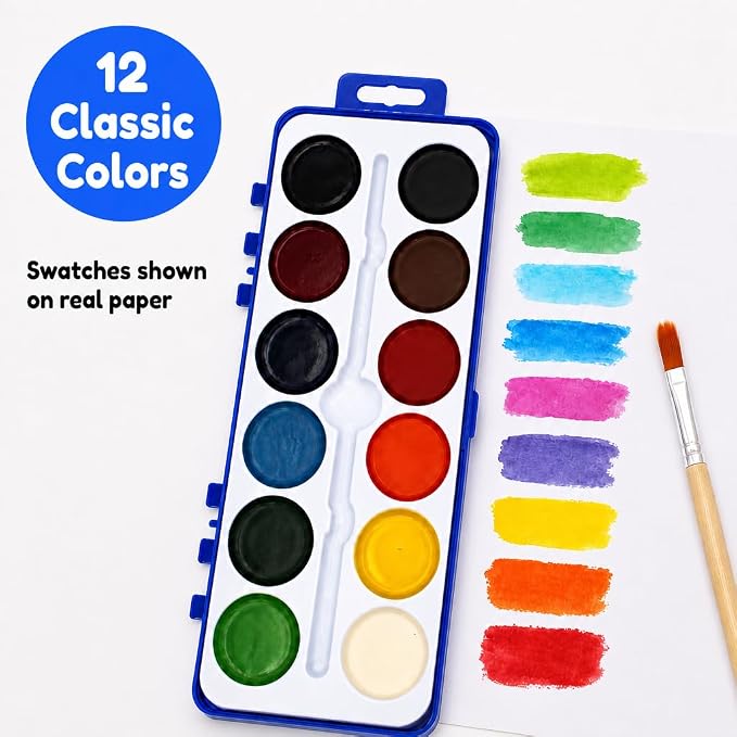Color Swell 12 Color Bulk Watercolors with Wood Brushes, 18 Pack